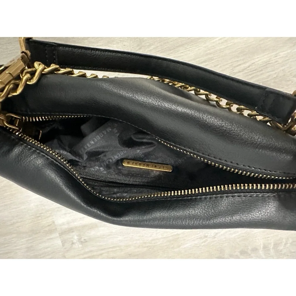 Steve‎ Madden Black Faux Leather Shoulder Bag Gold Chain Accent